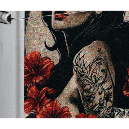 Front view of Zippo Pinup Tattoo Design Satin Chrome Windproof Lighter close up to show the detail of the lighter.