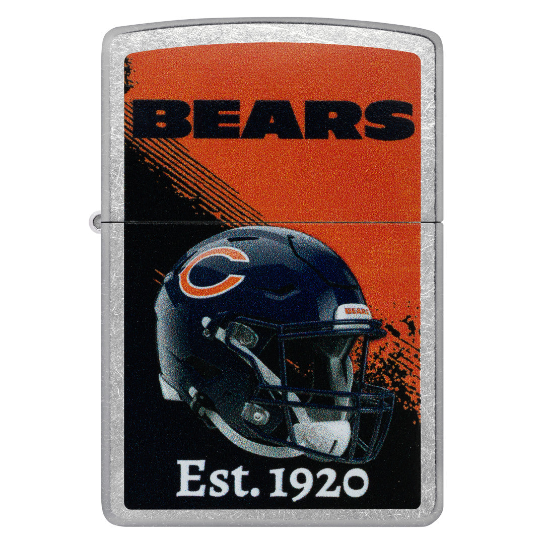 Front view of Zippo NFL Chicago Bears Helmet Design Street Chrome Windproof Lighter.