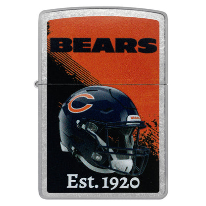 Front view of Zippo NFL Chicago Bears Helmet Design Street Chrome Windproof Lighter.