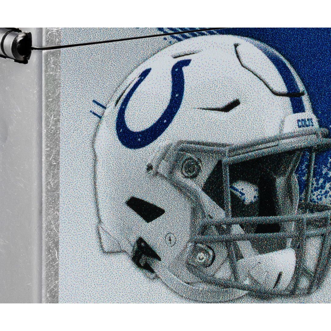 Front view of Zippo NFL Indianapolis Colts Helmet Design Street Chrome Windproof Lighter close up to show the detail of the lighter.