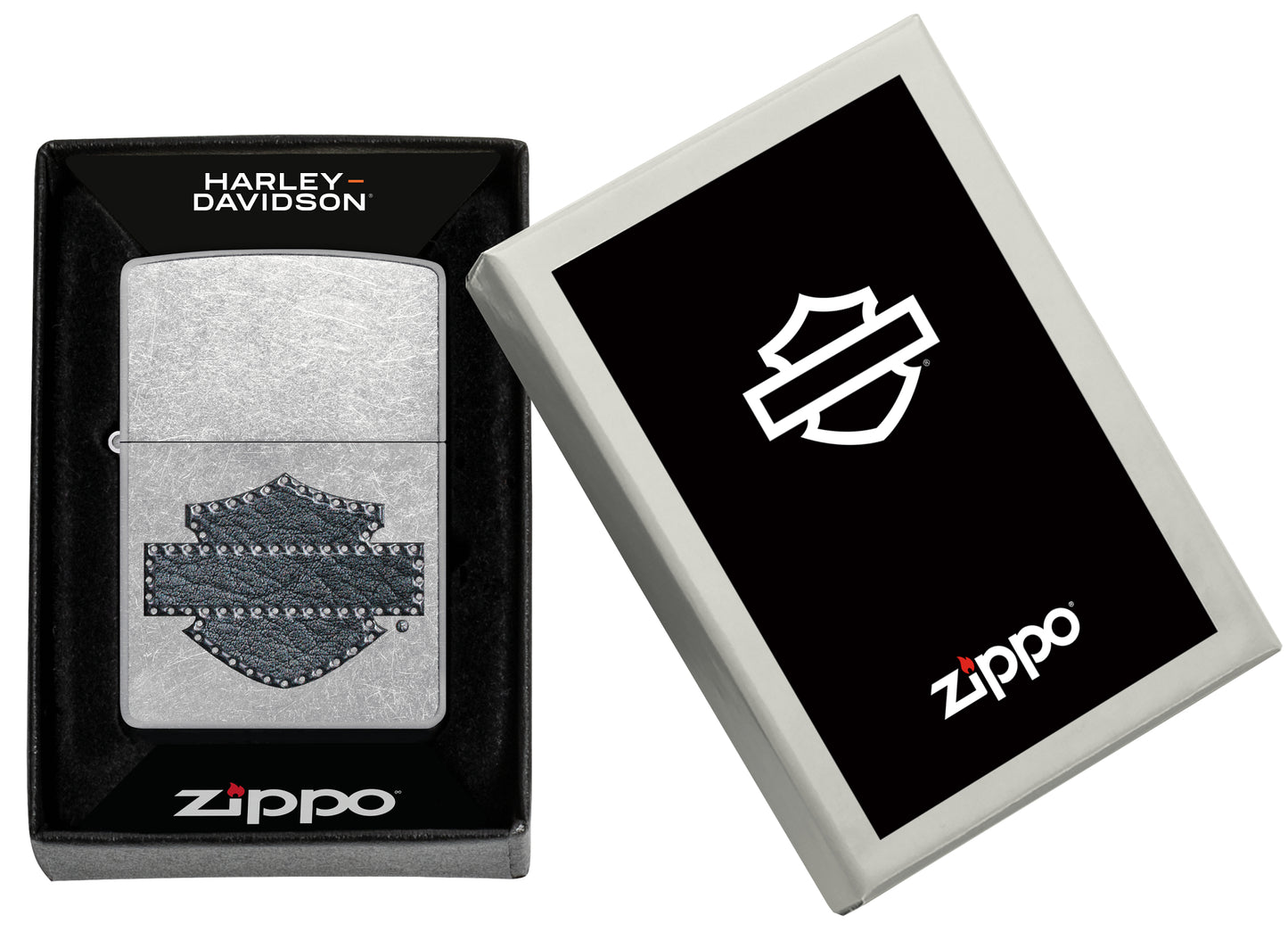 Zippo Harley-Davidson® Leathered Logo Design Street Chrome Windproof Lighter in its packaging.