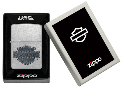 Zippo Harley-Davidson® Leathered Logo Design Street Chrome Windproof Lighter in its packaging.