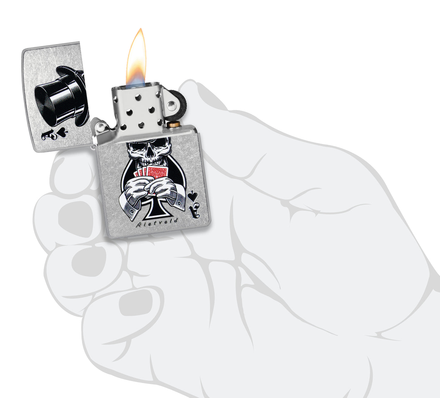 Zippo Rietveld Ace of Spades Design Street Chrome Windproof Lighter lit in hand.