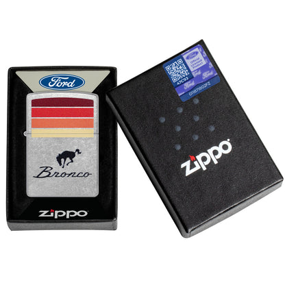Zippo Ford Bronco Sunset Stripes Design Street Chrome Windproof Lighter in its packaging.