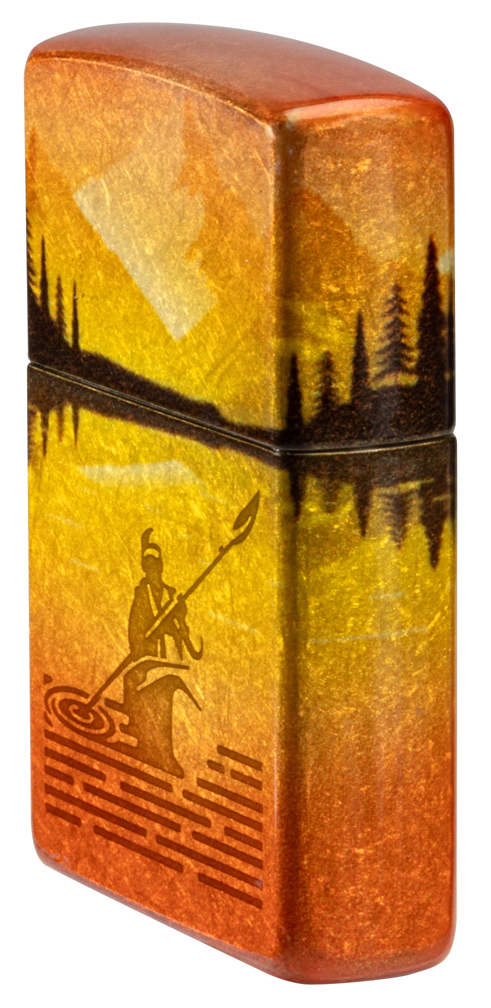 Angled shot of  Zippo Fishing Fusion Design 540 Tumbled Brass Windproof Lighter showing the front and non-hinge side of the lighter.