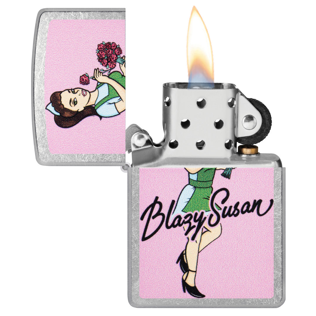 Zippo Blazy Susan Bouquet Design Street Chrome Windproof Lighter with its lid open and lit.
