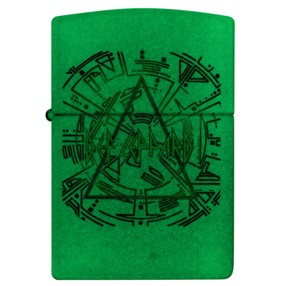 Front view of  Zippo Def Leppard Glowing Hysteria Design Glow in the Dark Green Windproof Lighter glowing in the dark.