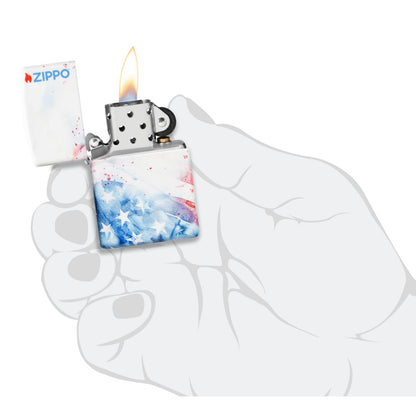 Zippo Watercolor Flag Design 540 Matte Windproof Lighter lit in hand.