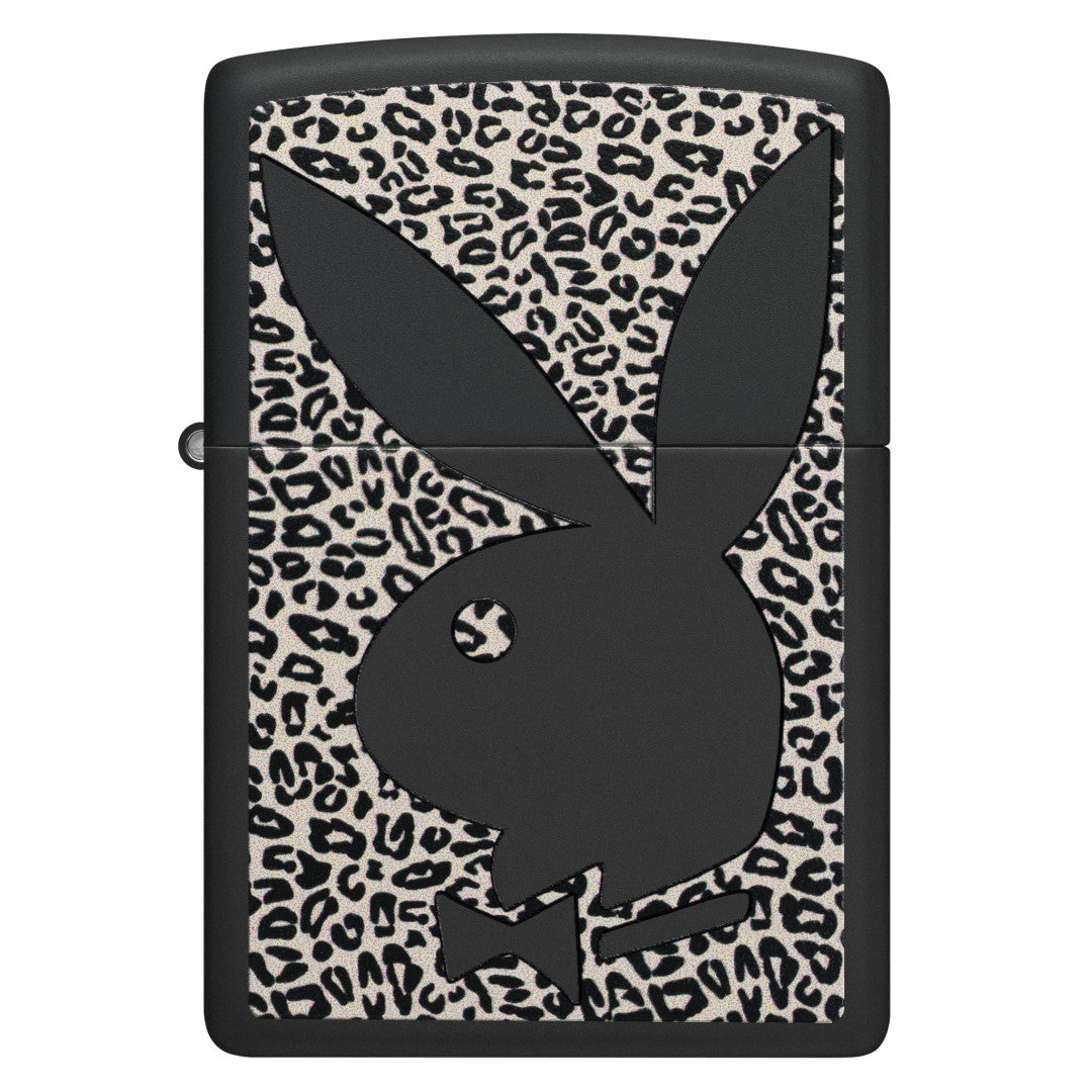 Front view of Zippo Playboy Cheetah Print Design Black Matte Windproof Lighter.