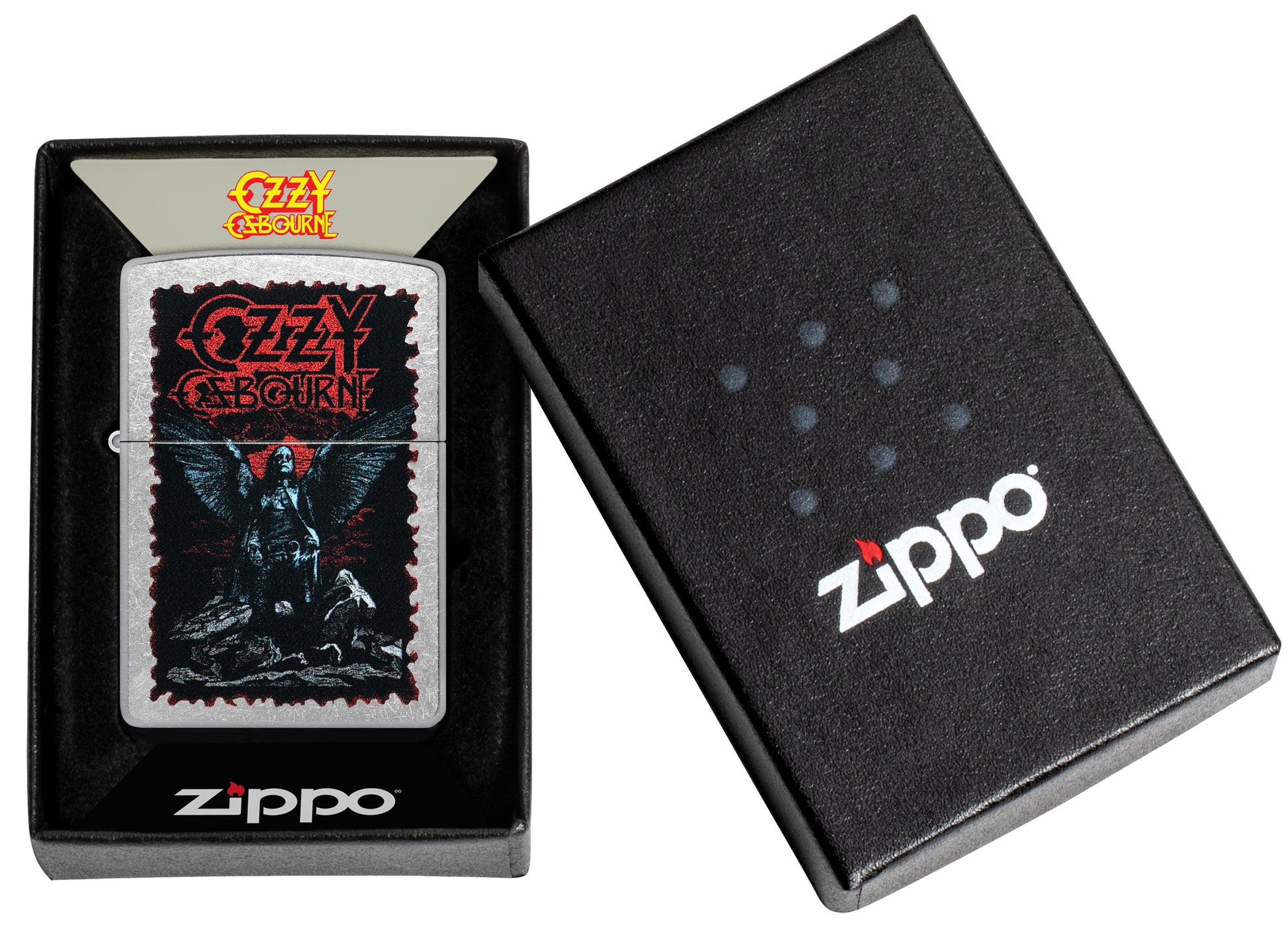 Zippo Ozzy Osbourne Angel Wings Design Street Chrome Windproof Lighter in its packaging.