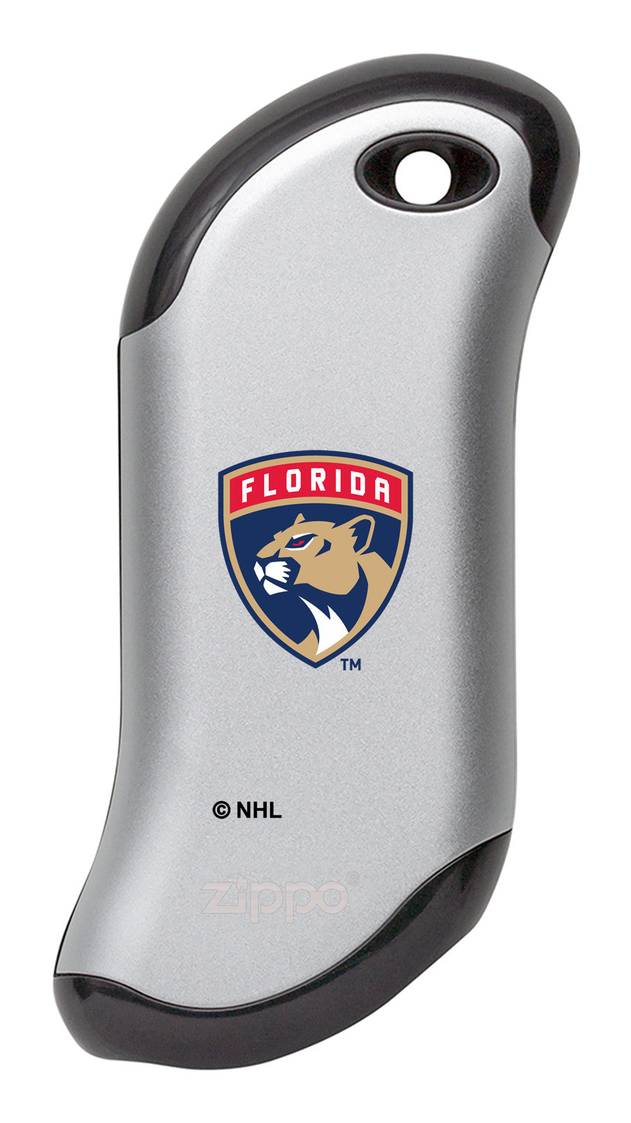 Front shot of NHL Florida Panthers: HeatBank® 9s Silver Rechargeable Hand Warmer