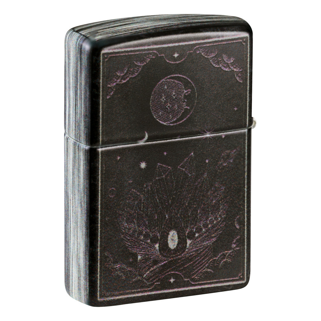Back view of Zippo Mystic Book Design 540 Color Glow in the Dark Windproof Lighter
standing at a 3/4 angle.