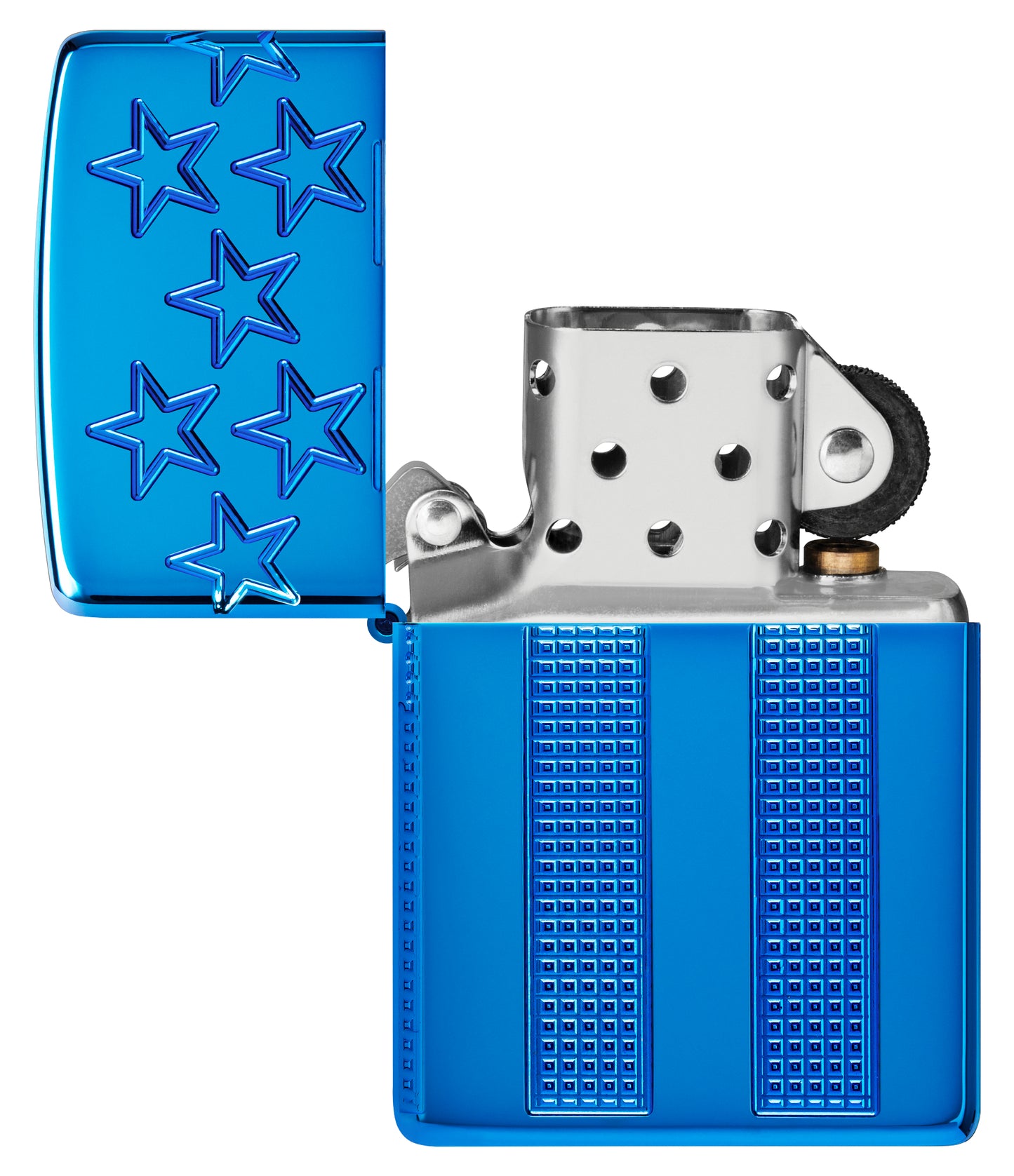Zippo Stars and Stripes Design Armor® High Polish Blue Windproof Lighter with its lid open and unlit.