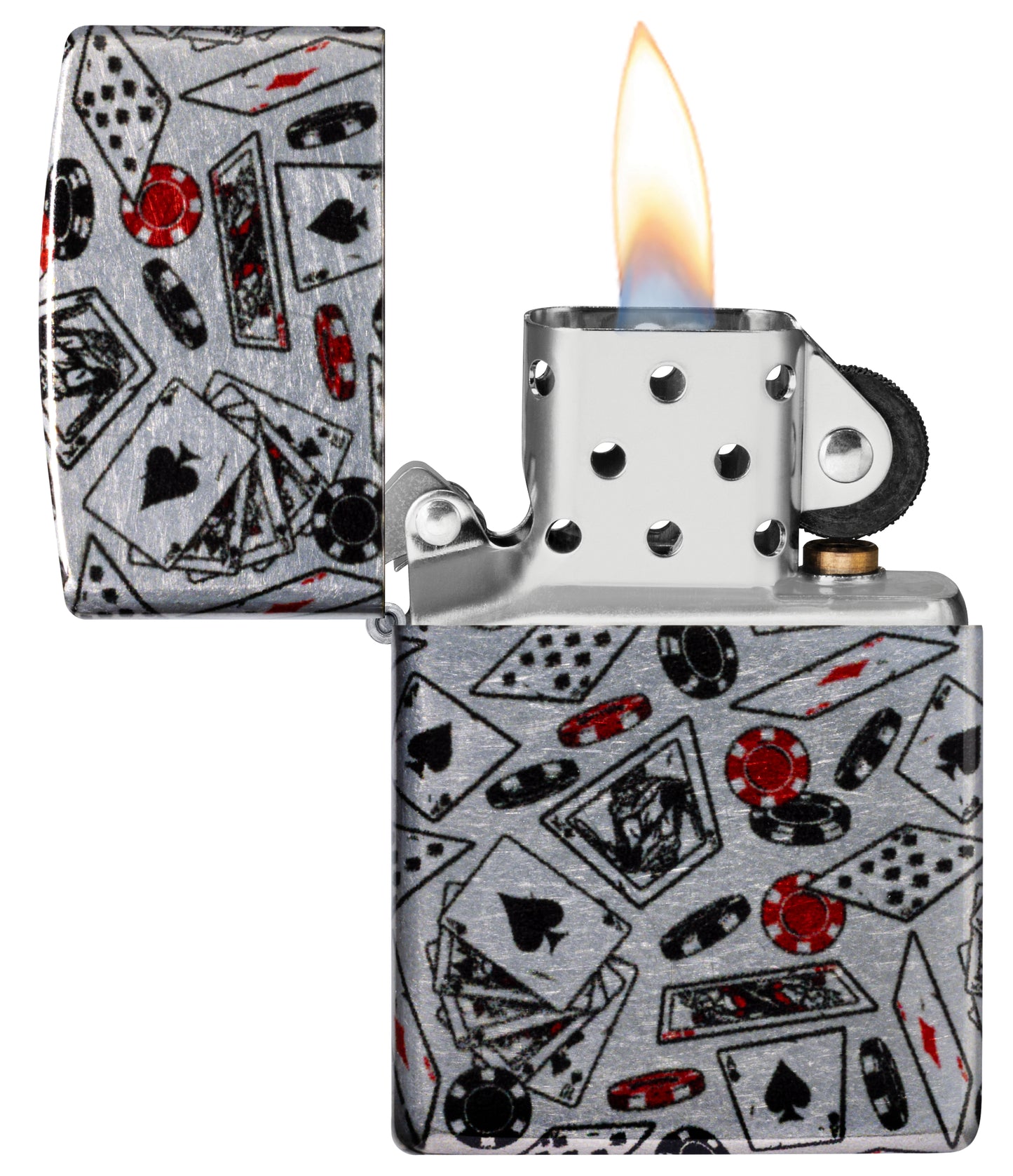 Zippo Let the Chips Fall Design 540 Tumbled Chrome Windproof Lighter with its lid open and lit.