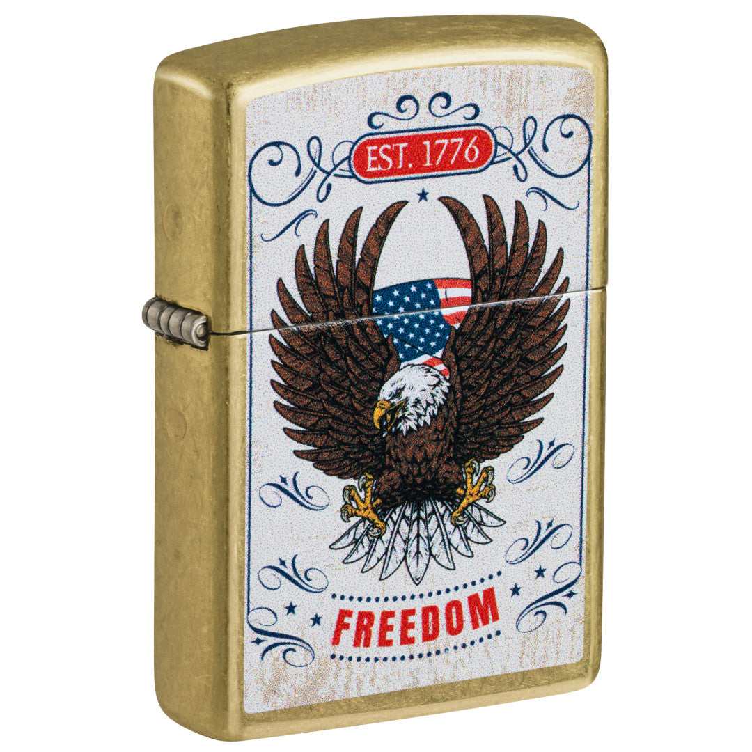 Front shot of Zippo Soaring Freedom Design Street Brass Windproof Lighter standing at a 3/4 angle.