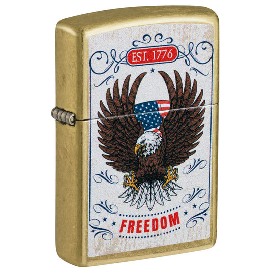 Front shot of Zippo Soaring Freedom Design Street Brass Windproof Lighter standing at a 3/4 angle.