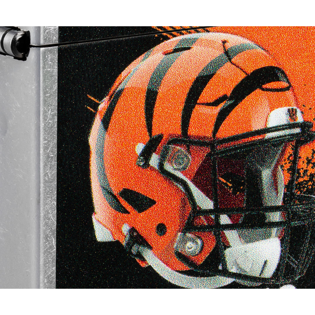 Front view of Zippo NFL Cincinnati Bengals Helmet Design Street Chrome Windproof Lighter close up to show the detail of the lighter.