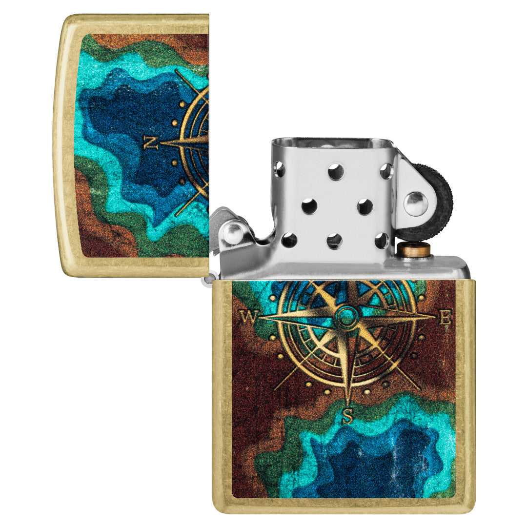 Zippo Topo Compass Design Street Brass Windproof Lighter with its lid open and unlit.