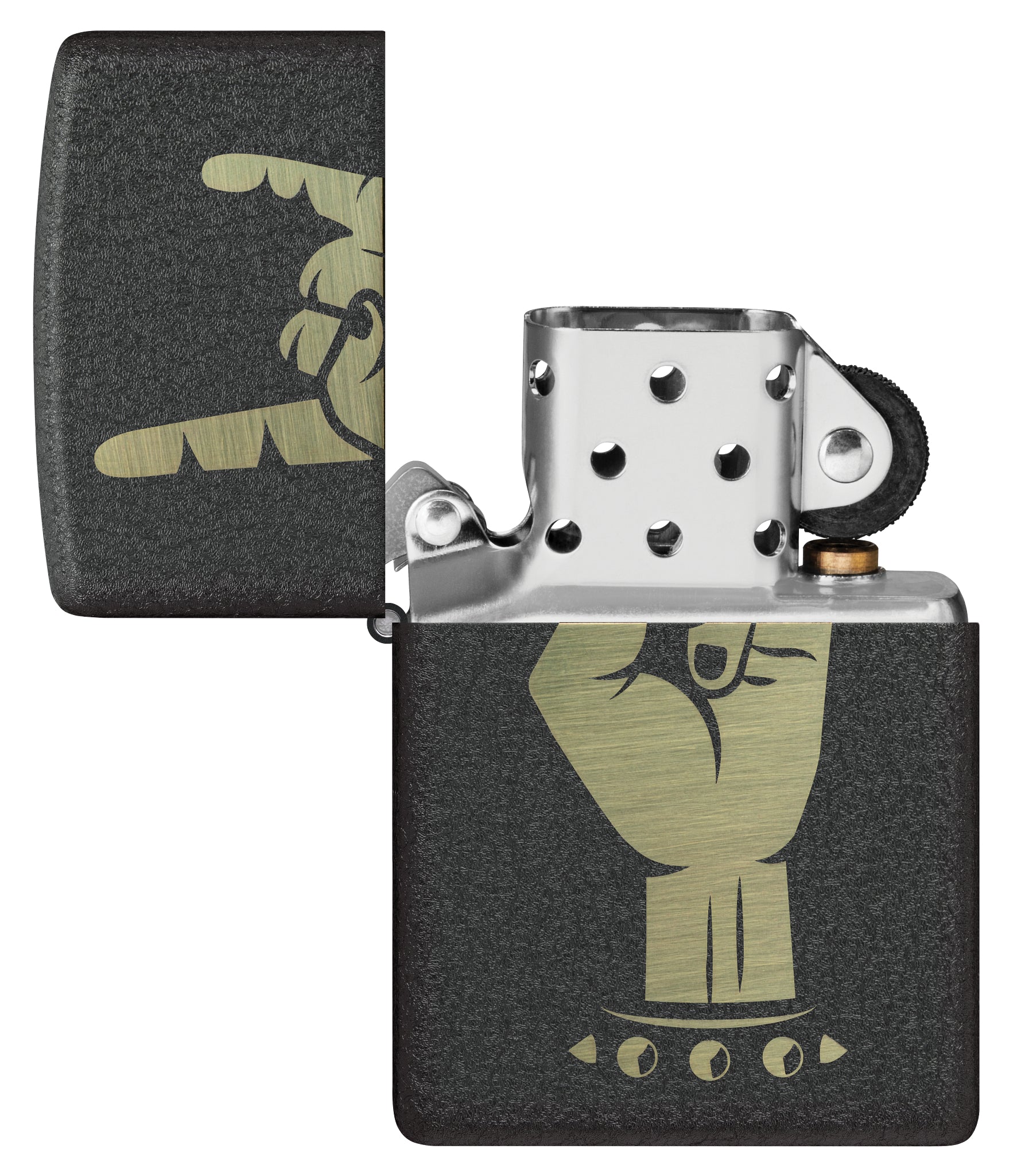 Zippo Rock On Design Black Crackle® Windproof Lighter with its lid open and unlit.