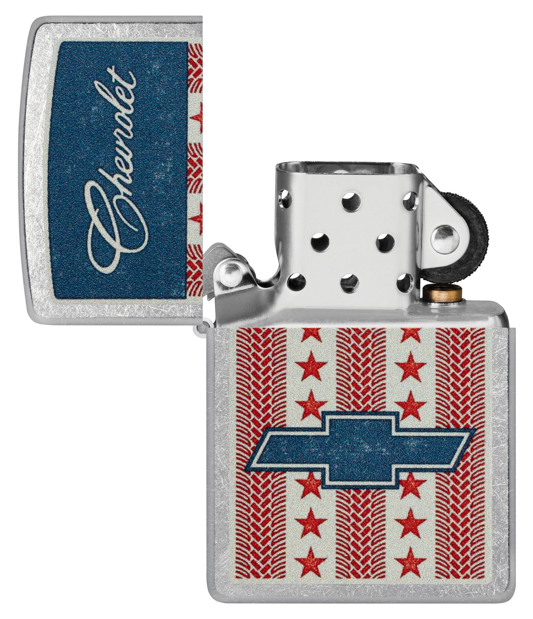 Zippo Chevrolet® Stars and Stripes Design Street Chrome Windproof Lighter with its lid open and unlit.