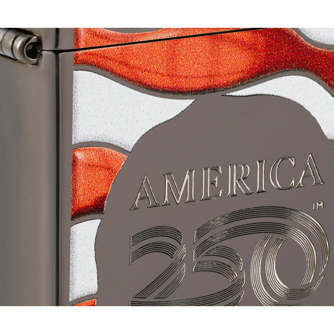 Front view of Zippo America250 Flag Design Black Ice Windproof Lighter close up to show the detail of the lighter.