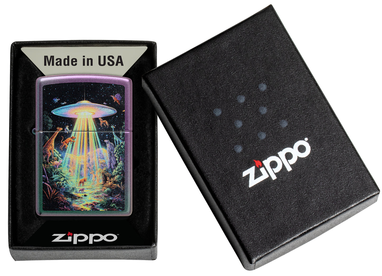 Zippo Animal Abduction Design Iridescent Windproof Lighter in its packaging.