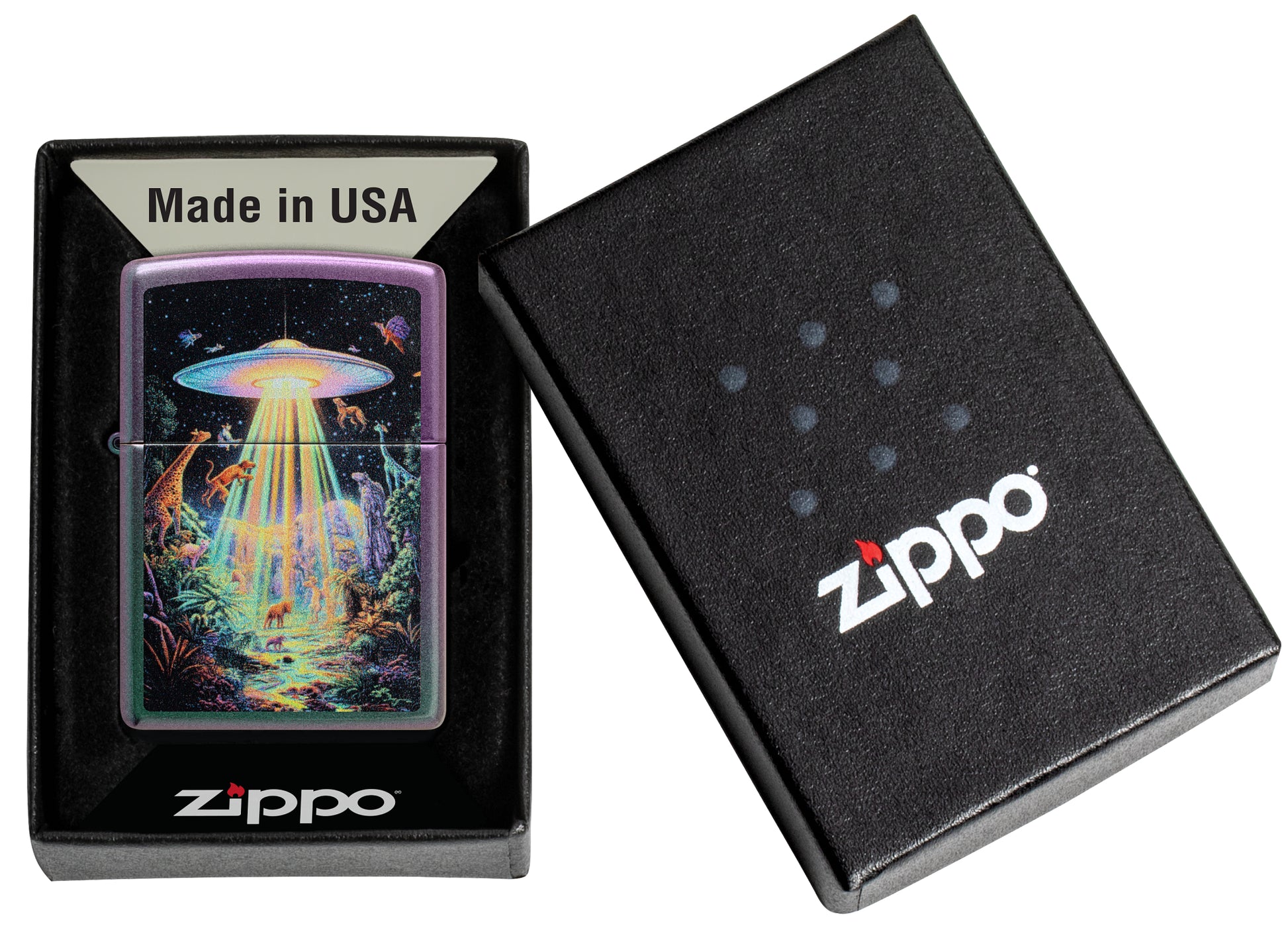 Zippo Animal Abduction Design Iridescent Windproof Lighter in its packaging.