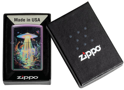 Zippo Animal Abduction Design Iridescent Windproof Lighter in its packaging.