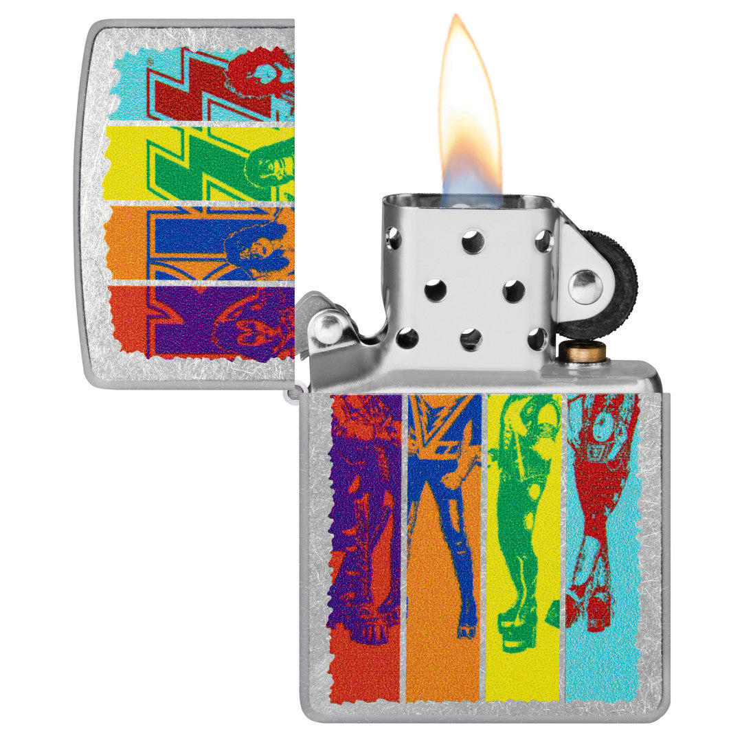 Zippo KISS® Fly Flag Design Street Chrome Windproof Lighter with its lid open and lit.