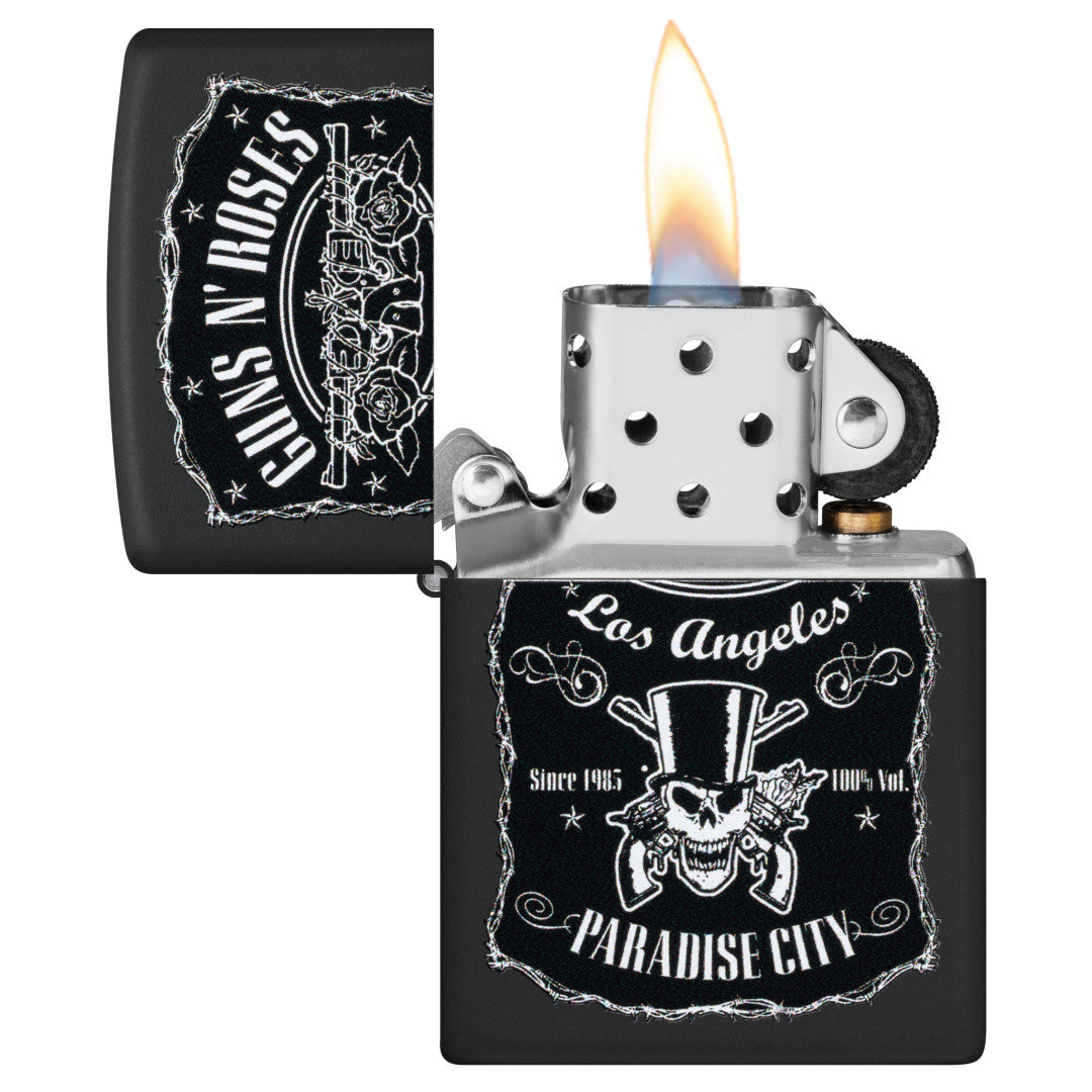 Zippo Guns N' Roses Paradise City Design Black Matte Windproof Lighter with its lid open and lit.
