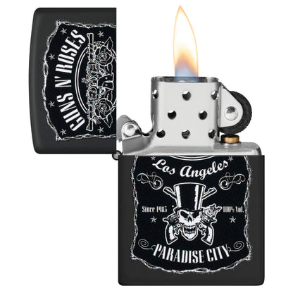 Zippo Guns N' Roses Paradise City Design Black Matte Windproof Lighter with its lid open and lit.
