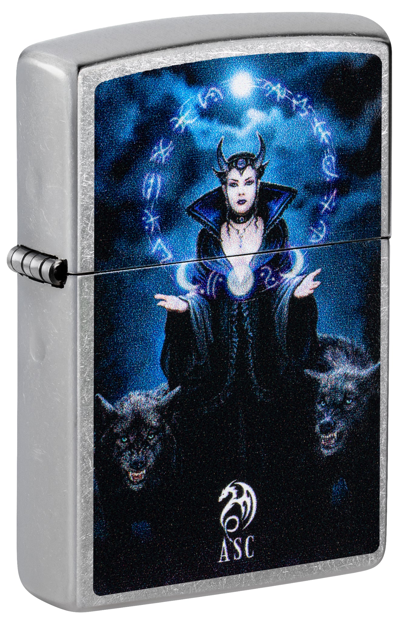 Front shot of Zippo Anne Stokes Moon Witch Design Street Chrome Windproof Lighter standing at a 3/4 angle.