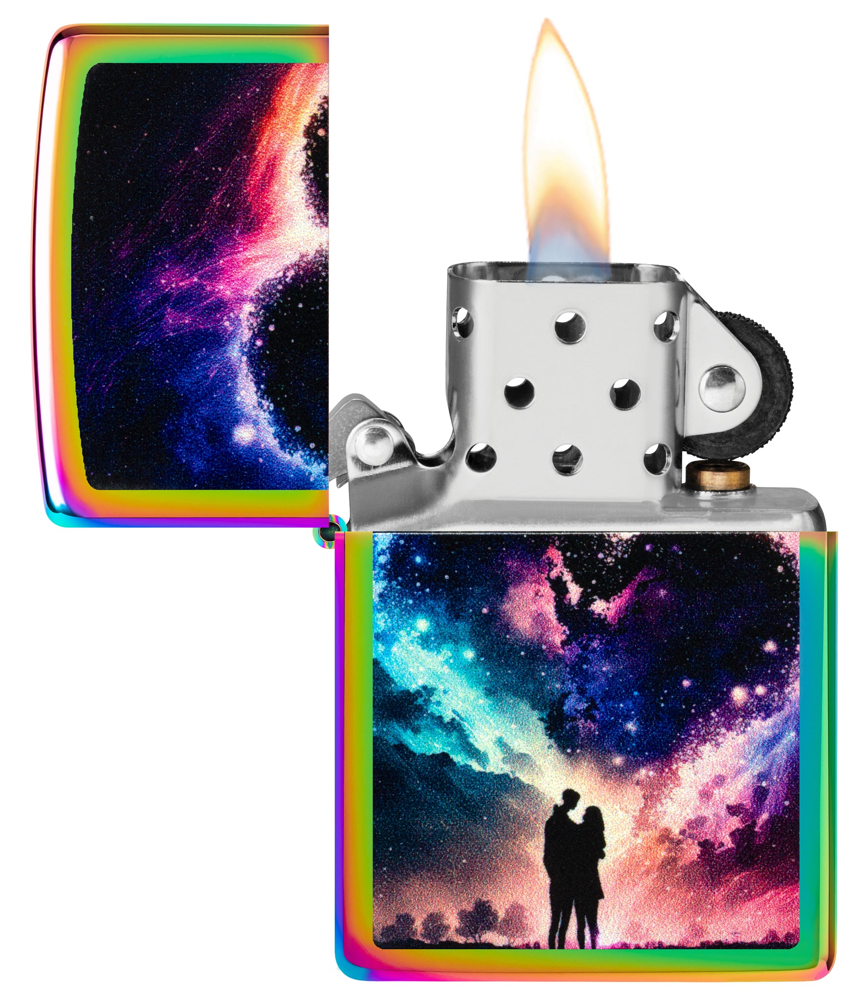 Zippo Cosmic Love Design Multi Color Windproof Lighter with its lid open and lit.