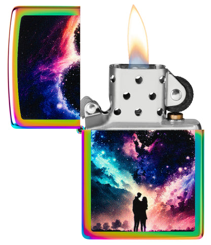 Zippo Cosmic Love Design Multi Color Windproof Lighter with its lid open and lit.