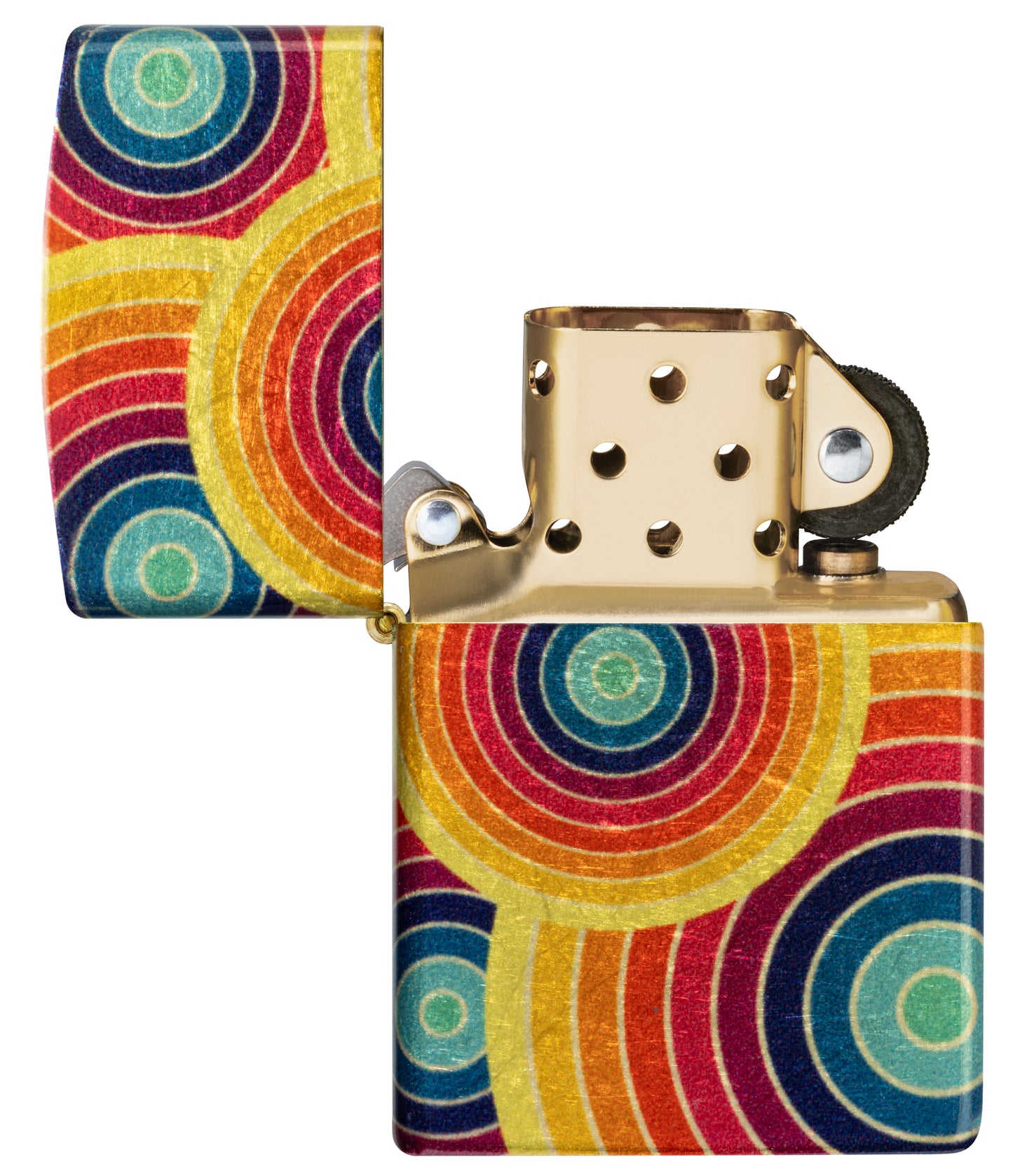 Zippo Funky Fusion Design 540 Tumbled Brass Windproof Lighter with its lid open and unlit.