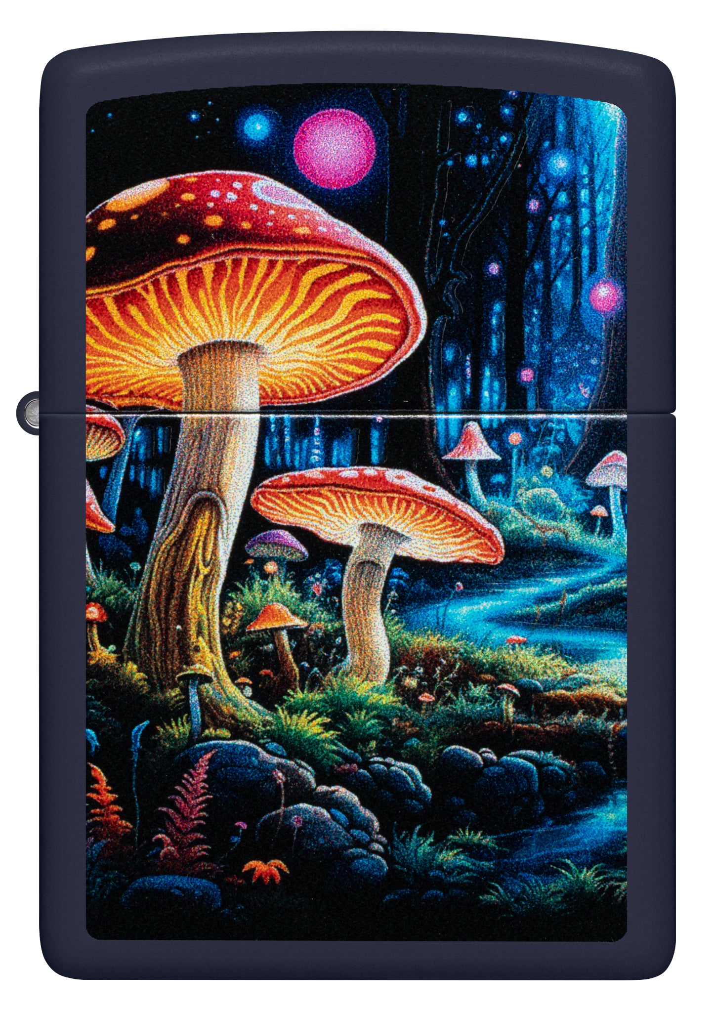 Front view of Zippo Black Light Mushroom Design Navy Matte Windproof Lighter.