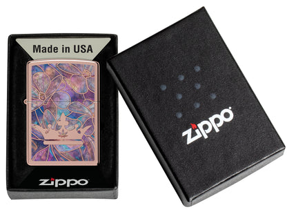 Zippo Queen of Bud Opal Crown Design High Polish Rose Gold Windproof Lighter in its packaging.