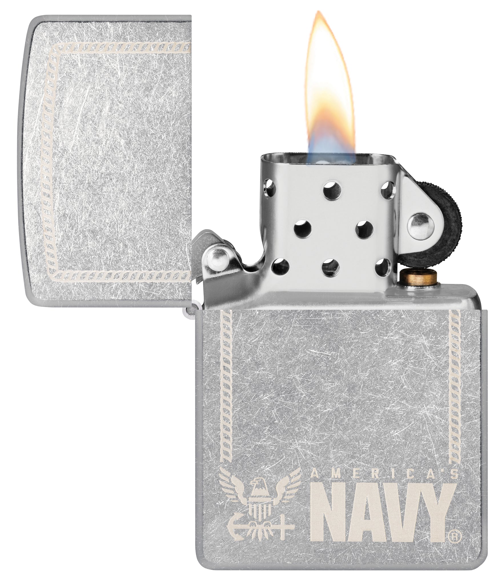 Zippo United States Navy® America's Navy Design Street Chrome Windproof Lighter with its lid open and lit.