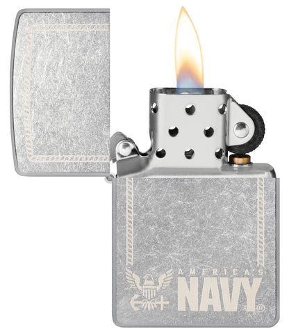 Zippo United States Navy® America's Navy Design Street Chrome Windproof Lighter with its lid open and lit.