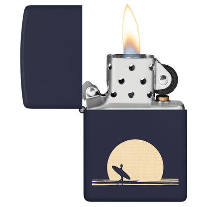 Zippo Sun and Surf Design Navy Matte Windproof Lighter with its lid open and lit.