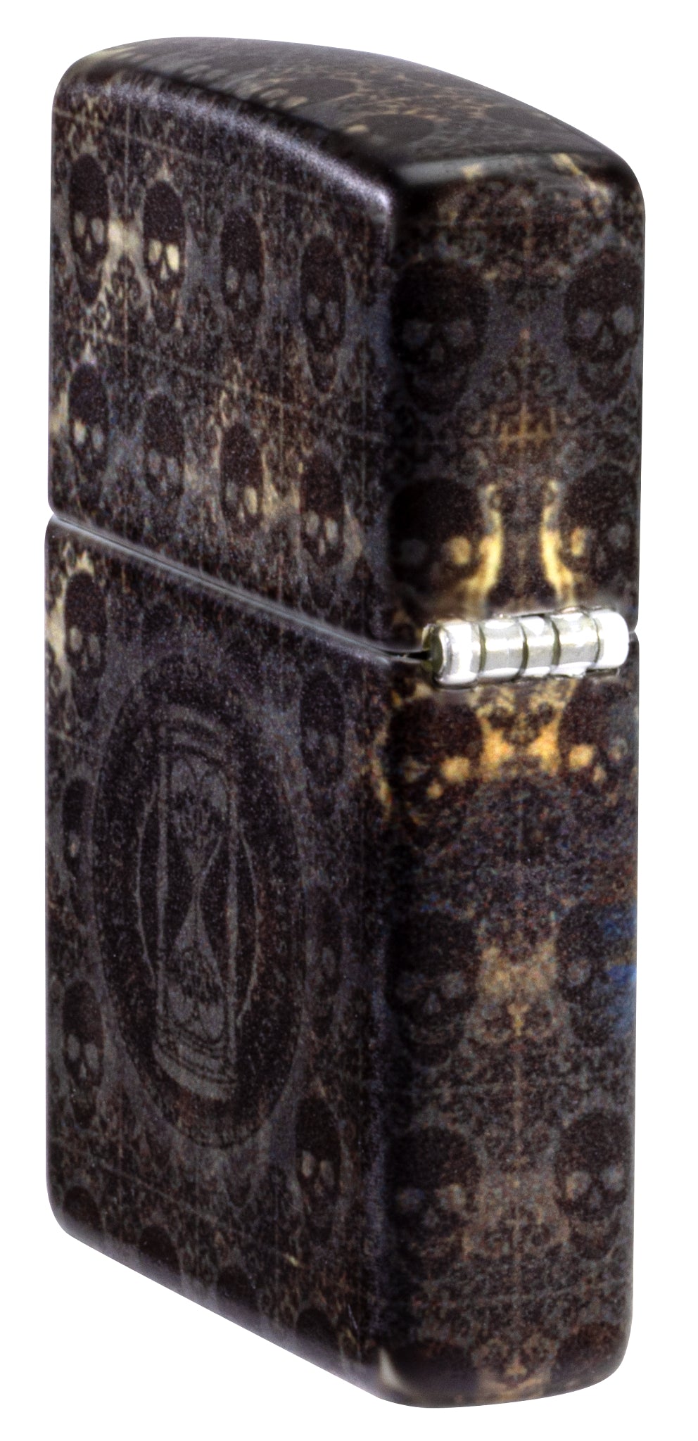 Angled shot of  Zippo Anne Stokes The Ferryman Design 540 Matte Windproof Lighter showing the back and hinge side of the lighter.