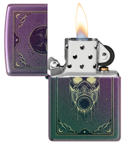 Zippo Gas Mask Design Iridescent Windproof Lighter with its lid open and lit.