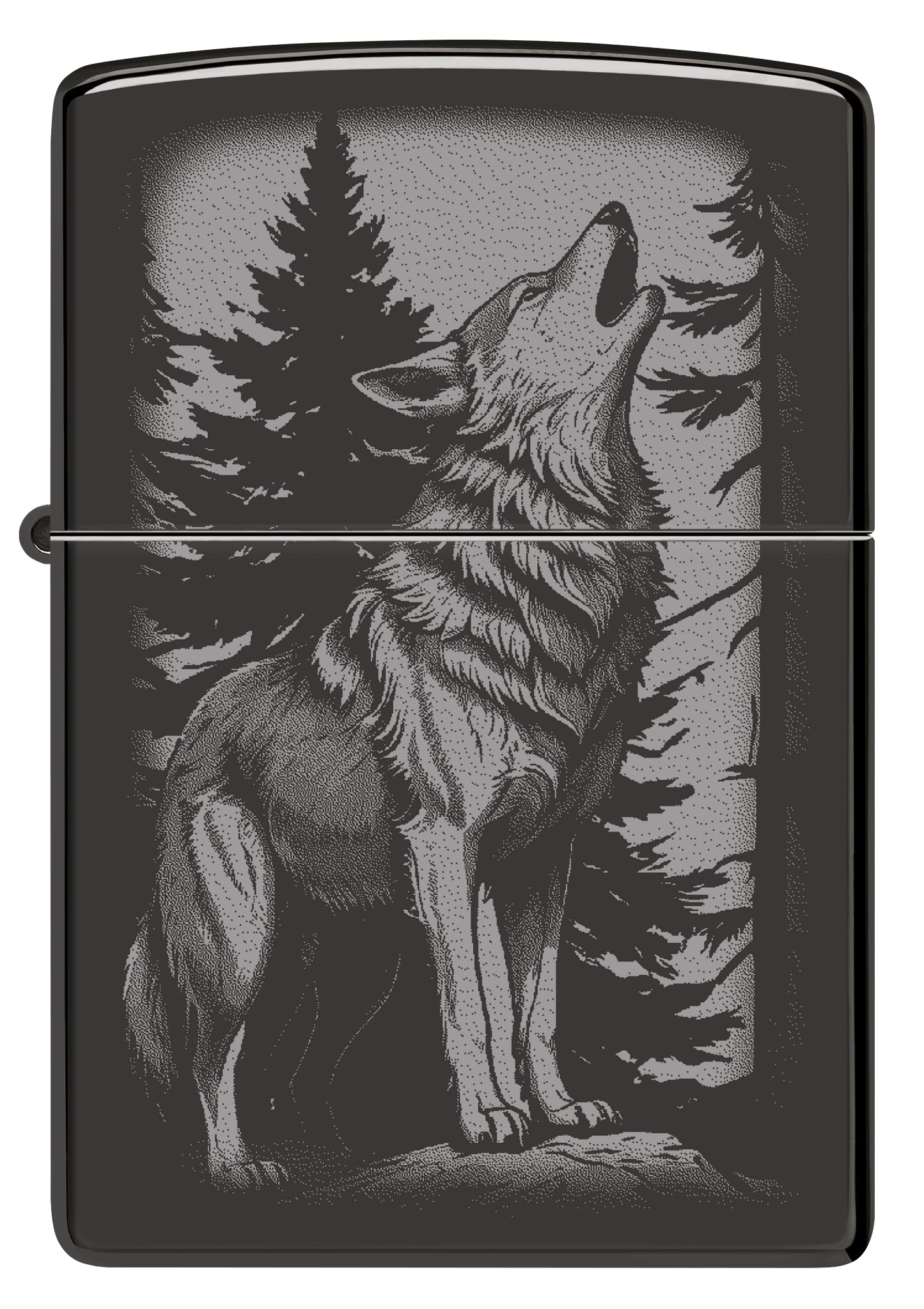 Front view of Zippo Howling Wolf Design High Polish Black Windproof Lighter.