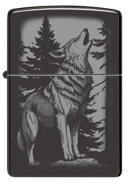 Front view of Zippo Howling Wolf Design High Polish Black Windproof Lighter.