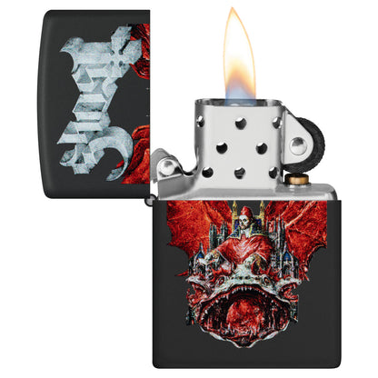 Zippo Ghost Prequelle Design Black Matte Windproof Lighter with its lid open and lit.