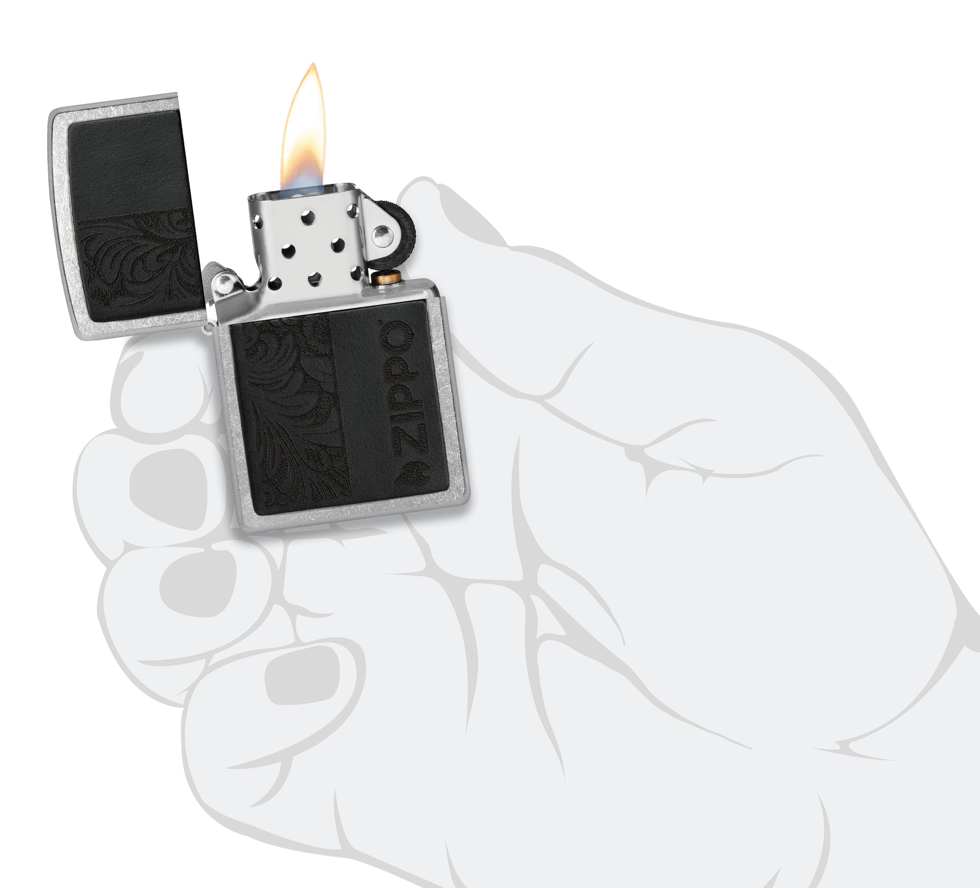Zippo Black Leather Emblem - Zippo Design Street Chrome Windproof Lighter lit in hand.