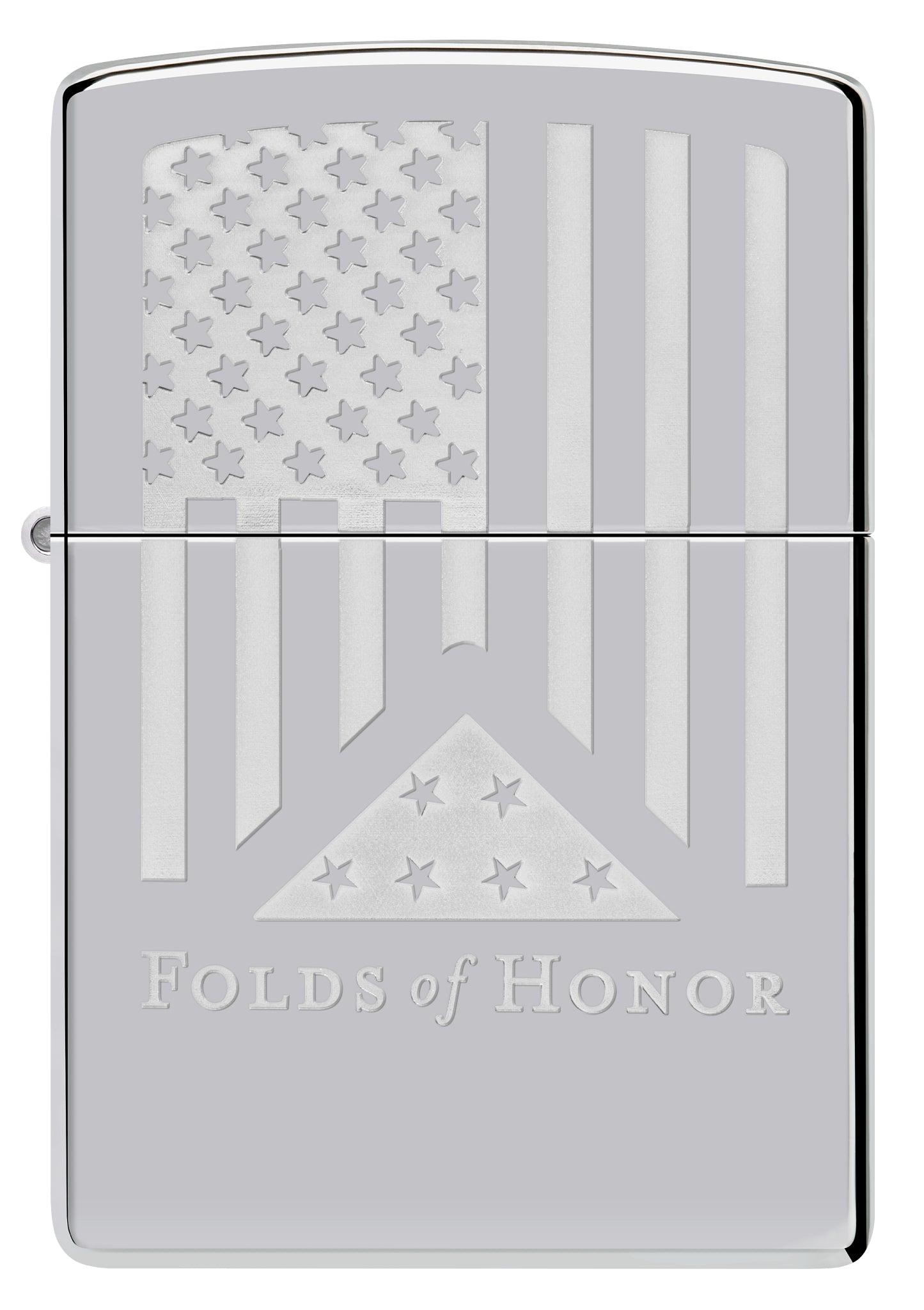 Front view of Zippo Folds of Honor Etched Flag Design High Polish Chrome Windproof Lighter.