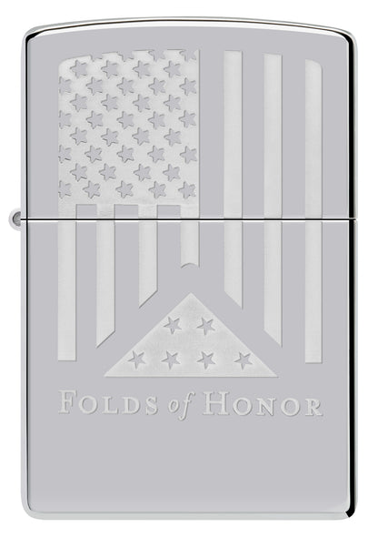 Front view of Zippo Folds of Honor Etched Flag Design High Polish Chrome Windproof Lighter.