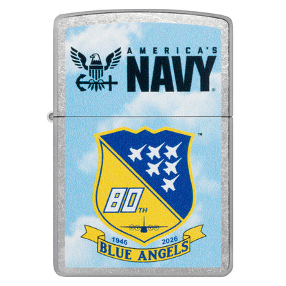 Front view of Zippo United States Navy® Blue Angels Design Street Chrome Windproof Lighter.