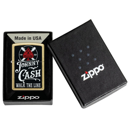 Zippo Johnny Cash 1932 Design Street Brass Windproof Lighter in its packaging.
